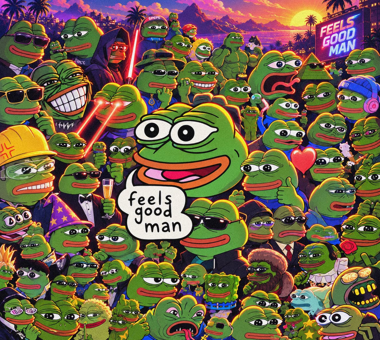 Pepe characters celebrating together at a tropical sunset
